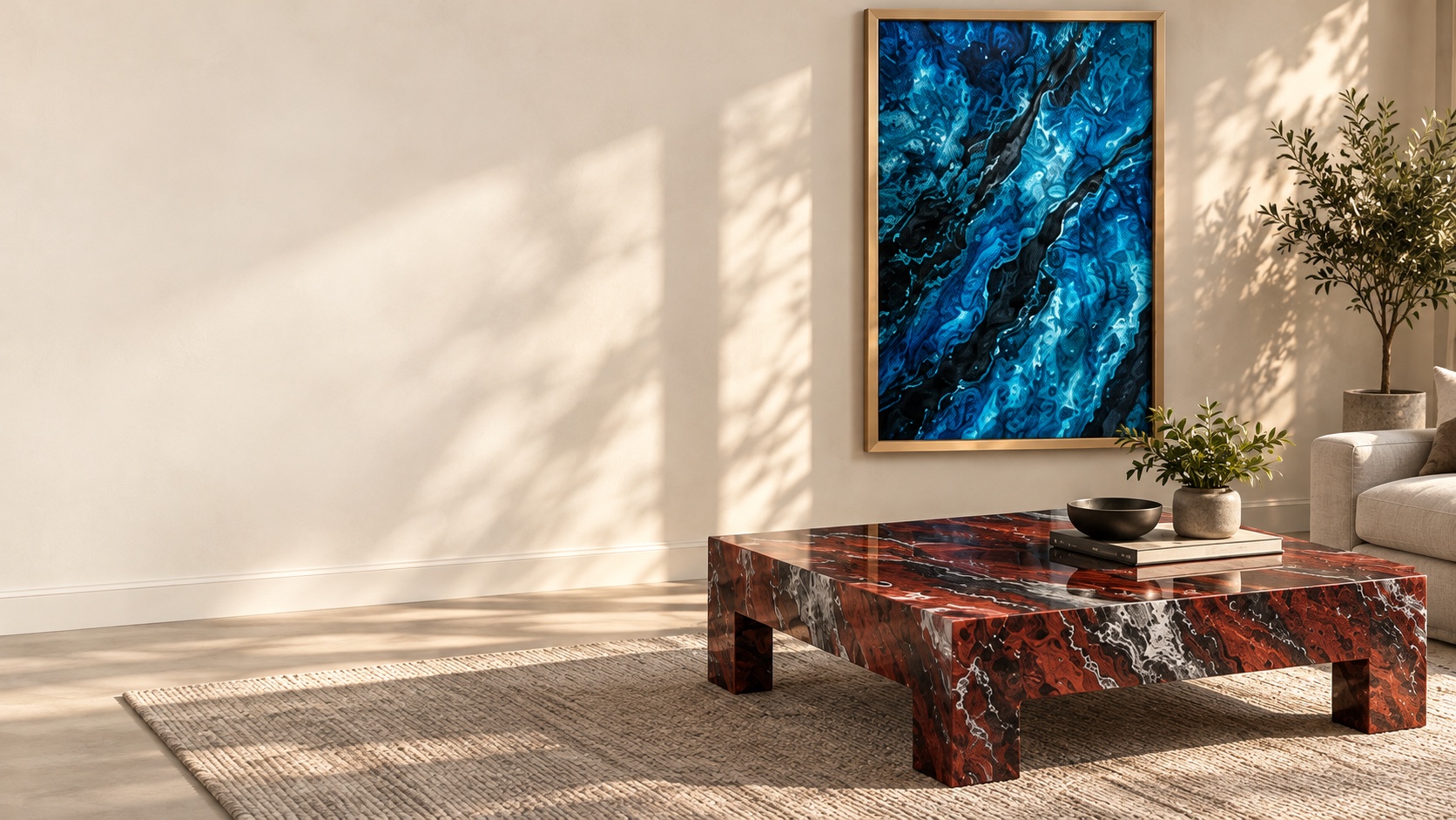 Red Rock resin waterfall table and framed blue Labradorite artwork in a sunlit room